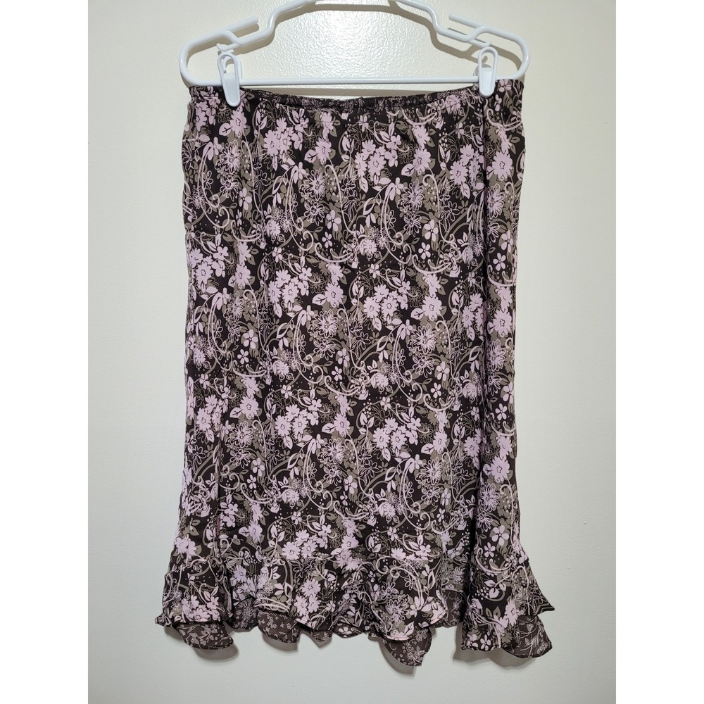 Christopher & Banks Floral Midi Skirt Womens L Brown Pink Good‎ Ruffle Hem Boho